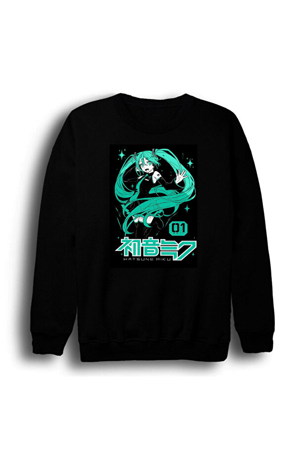 Hatsune Miku Anime Printed Unisex 100% Cotton Black Crew Neck Sweatshirt