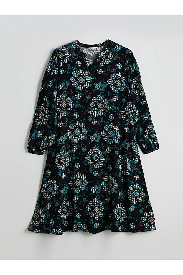 Siyah Kaçık Yaka Çiçekli A Kesim Elbise - 5