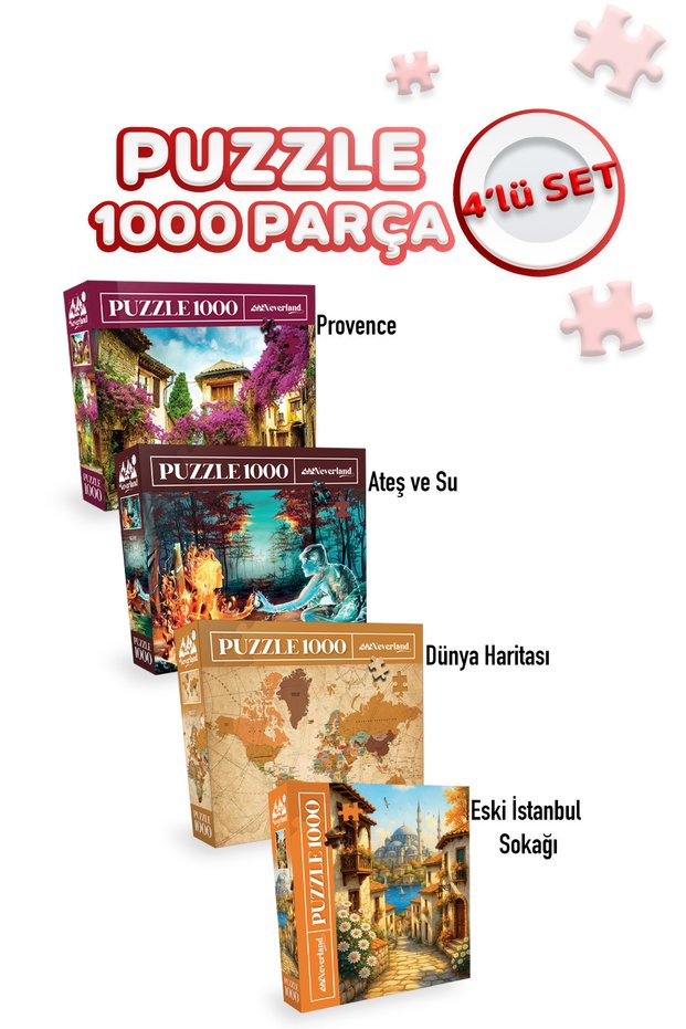 4 Pcs 1000 Piece Puzzle - World Map - Ii and the Old Istanbul Neighborhood and Provence and Fire and Water
