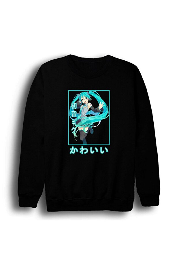 Hatsune Miku Anime Printed Unisex 100% Cotton Black Crew Neck Sweatshirt