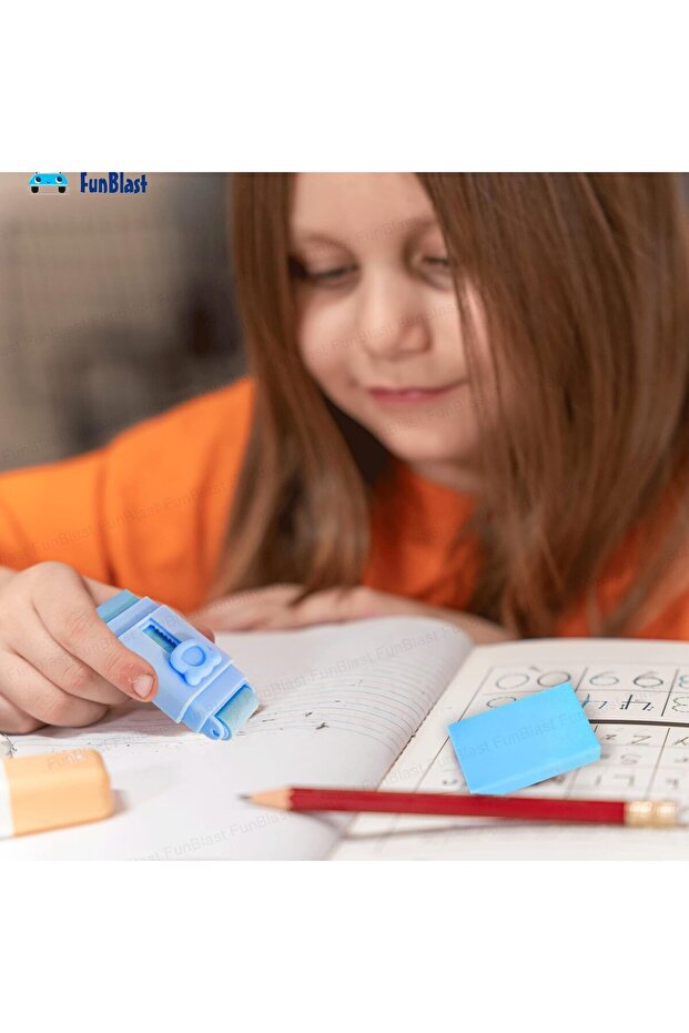 Eraser, Flippy, Bear Pattern, with 2 Refills, Pull-Push Adjustment, Rubber, Light Blue - 3