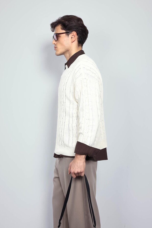 Erkek Oversize Örgü Desenli Triko Kazak Bej - 5