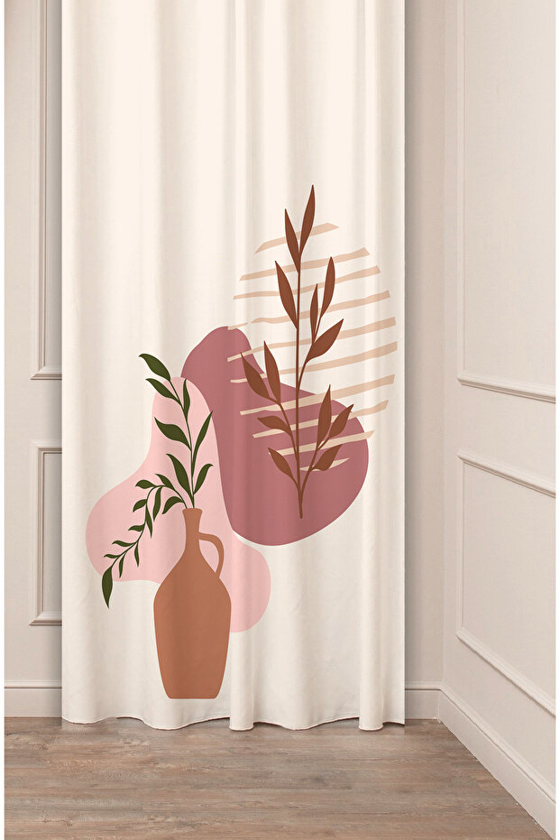 Leaf Vase Bohemian Minimalist Beige Cream Patterned Special Design Digital Printed (Single Wing) Stylish Background Curtain