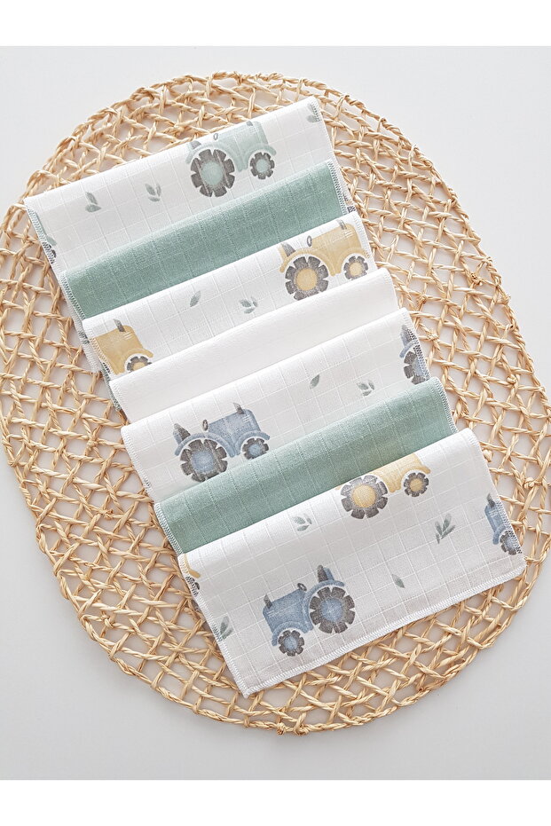 7-Piece Muslin Mouth Cloth with Tractor Pattern, 100% Cotton, Soft and Absorbent | Newborn Mouth Wipes
