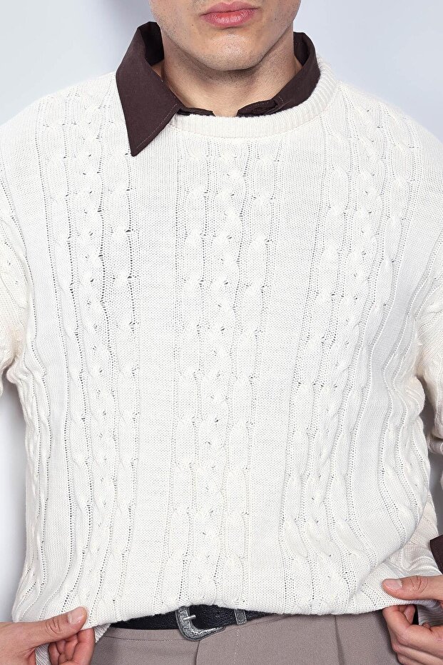 Erkek Oversize Örgü Desenli Triko Kazak Bej - 3