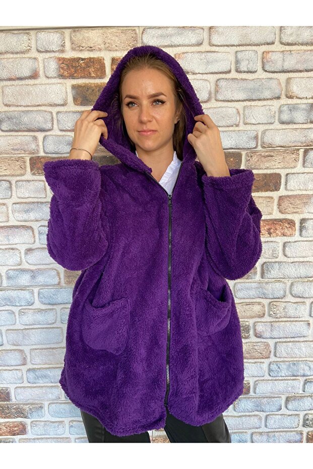Women's Oversize Zippered Hooded Plush Welsoft Jacket
