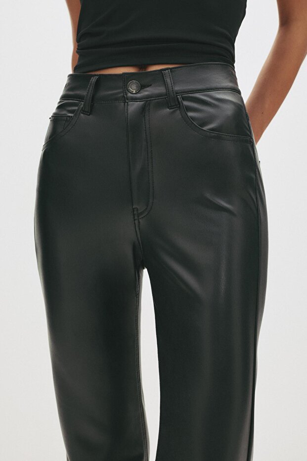Suni deri İspanyol paça pantolon - 4