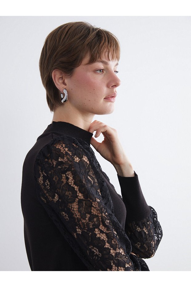 Lcwaikiki Classic Black Half Turtleneck Lace Detailed Women's Knitwear Sweater