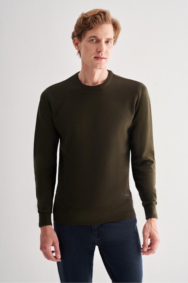 Khaki Crew Neck Long Sleeve Pocketless Comfort Fit Cotton Knitwear Sweater 1012255220