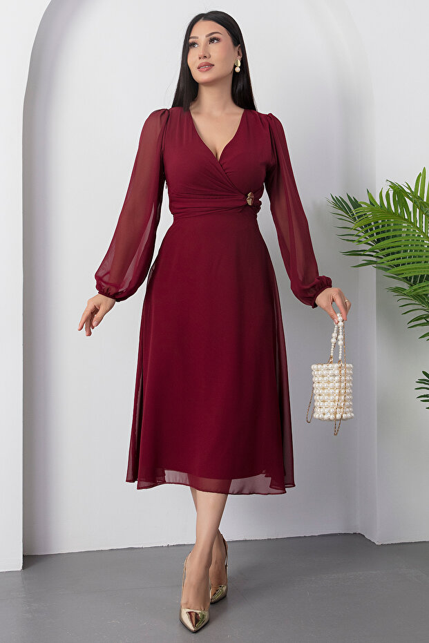 Double-Breasted Neck Buckled Waist Long Sleeve Chiffon Dress 2025-4329