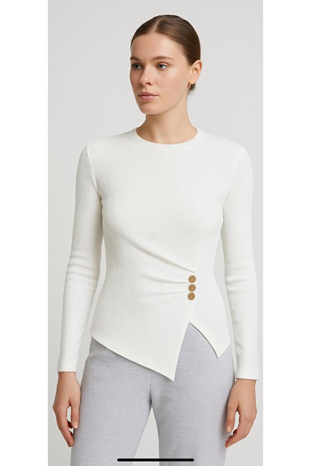 Women's White Pleated Buttoned Ribbed Knitted Blouse