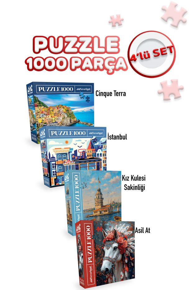 4 Pieces 1000 Piece Puzzle - Girl Tower Sakilanli and Cinque Terre and Istanbul and Nice Horse