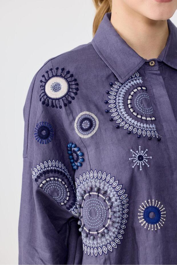 Robası İşlemeli Gömlek İNDİGO - 3