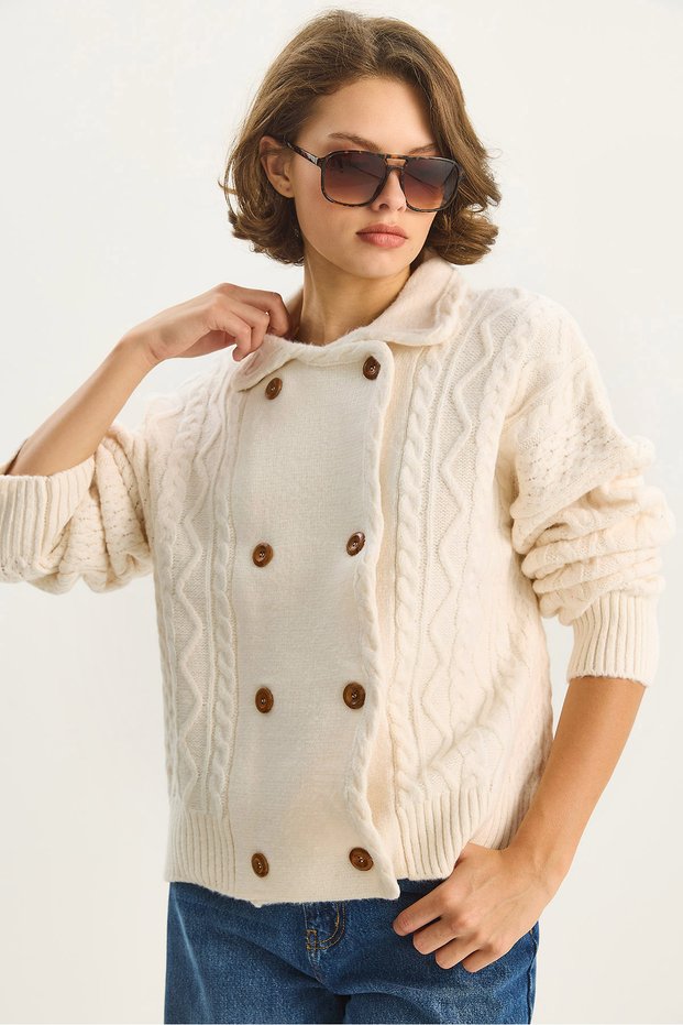 Women's Cream Shirt Collar Double Breasted Closure Hair Knit Soft Textured Cardigan Th251033 60283608