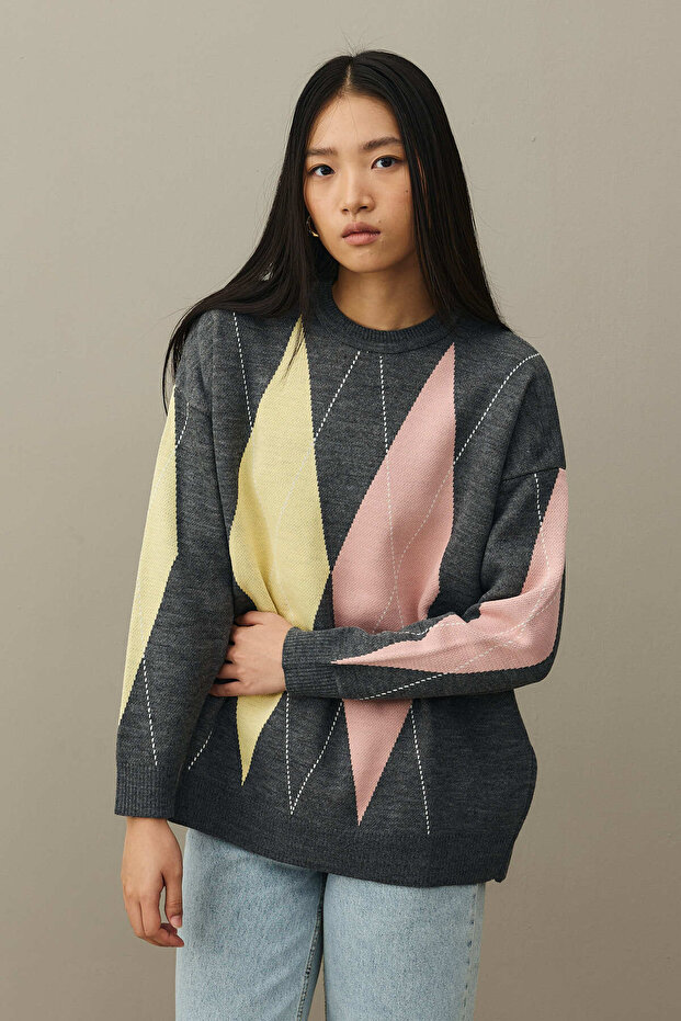 Baklavalı Oversize Kazak Antrasit - 6