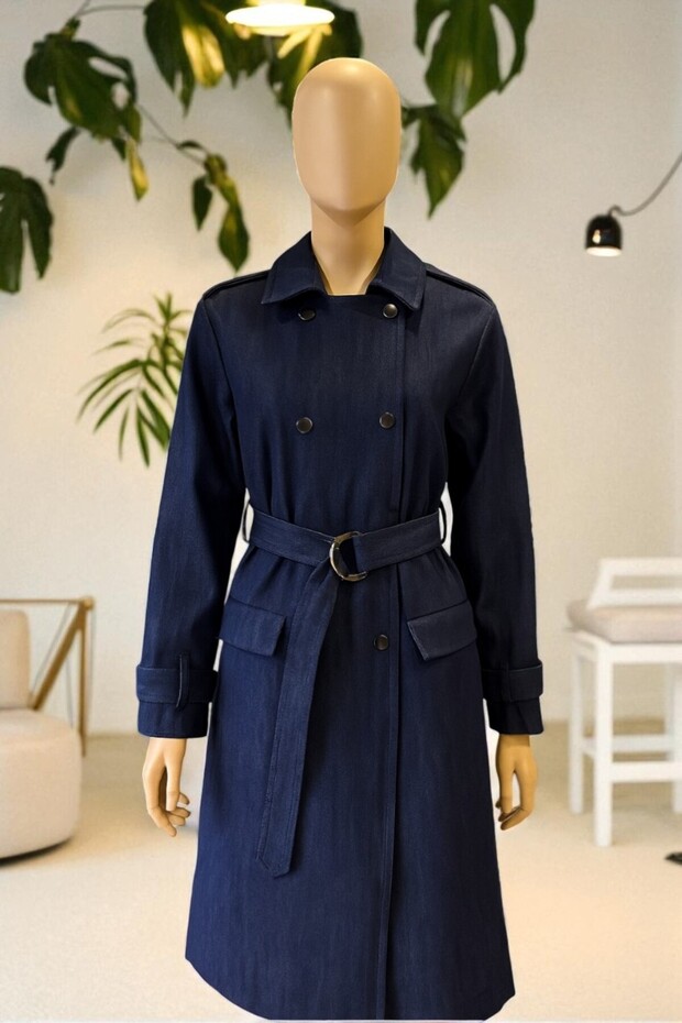 Women's Denim Trench Coat with Snap Detail