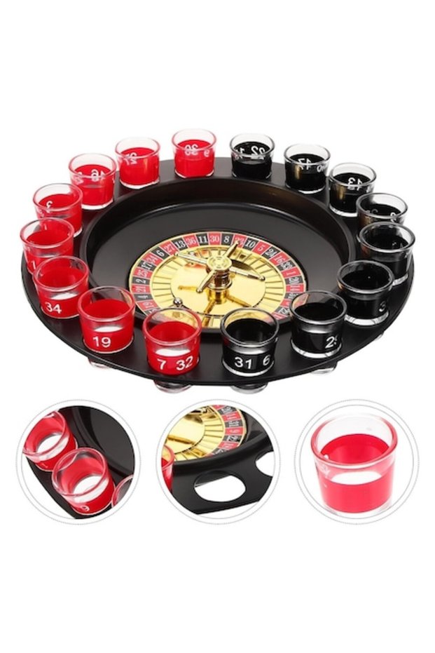 Drinking Game Roulette with Shot Glasses, OPTIM SOLUTION, 16 Numbered Glasses, 2 Metal Balls, Russian