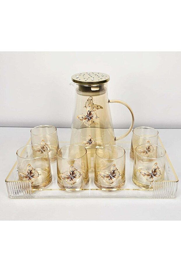 Stylish Glass Pitcher Set With Six Matching Tumblers