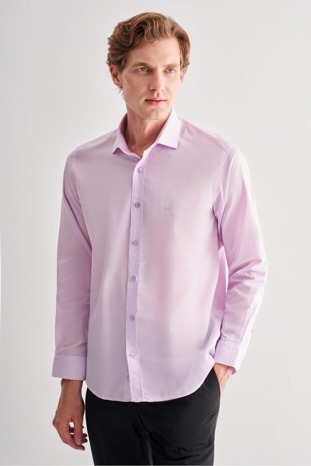 Purple Half Italian Collar Long Sleeve Slim Fit Cotton Shirt 1004255180