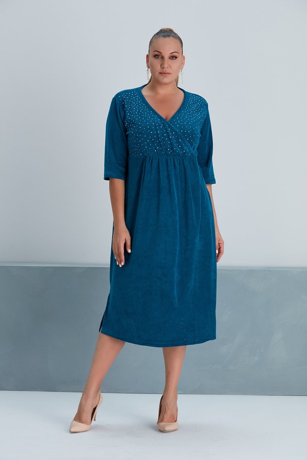 Women's Blue Plus Size Terry Cloth Home and Beach Dress V-Neck Dress Loi̇25-Pk1127