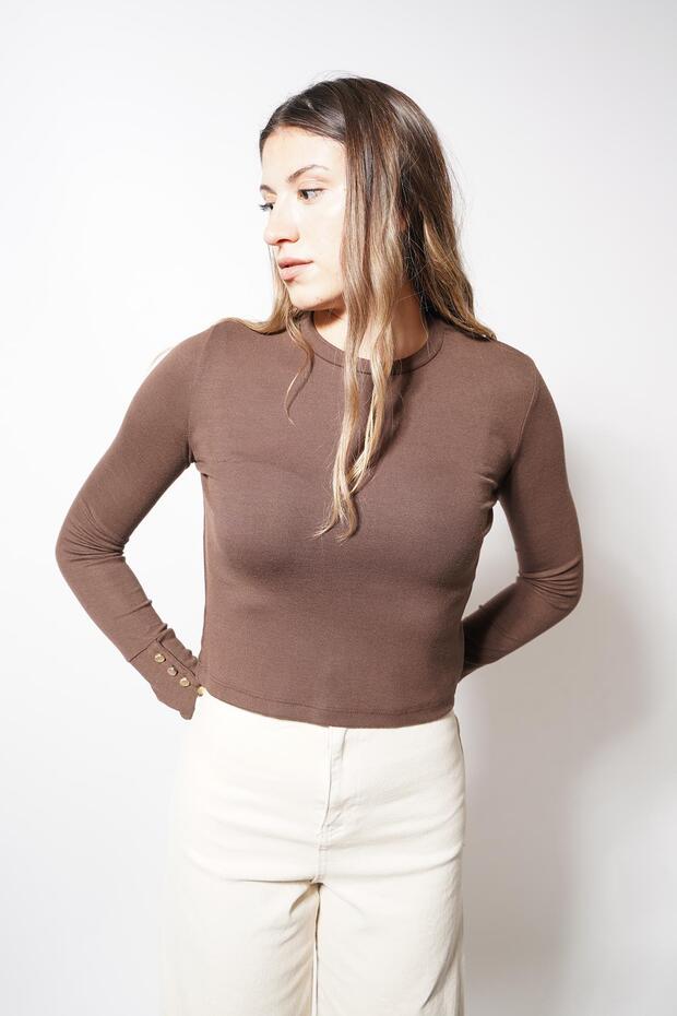 زر مع أكمام ذراع سالي قهوة المحاصيل - 3