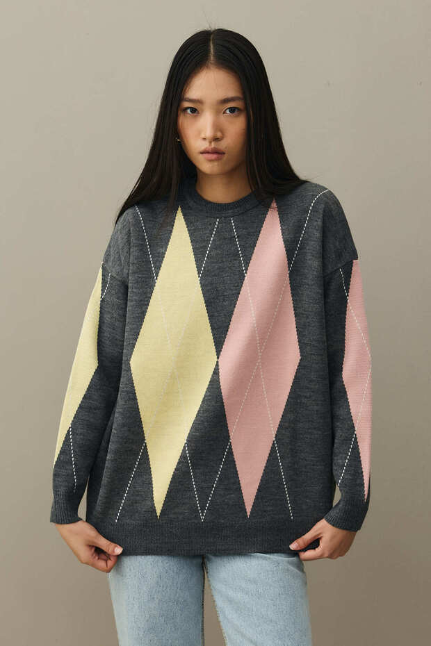 Baklavalı Oversize Kazak Antrasit - 5