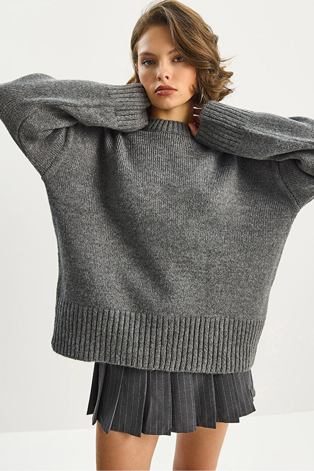 Women's Anthracite Soft Crew Neck Oversize Knitwear Sweater 60282032