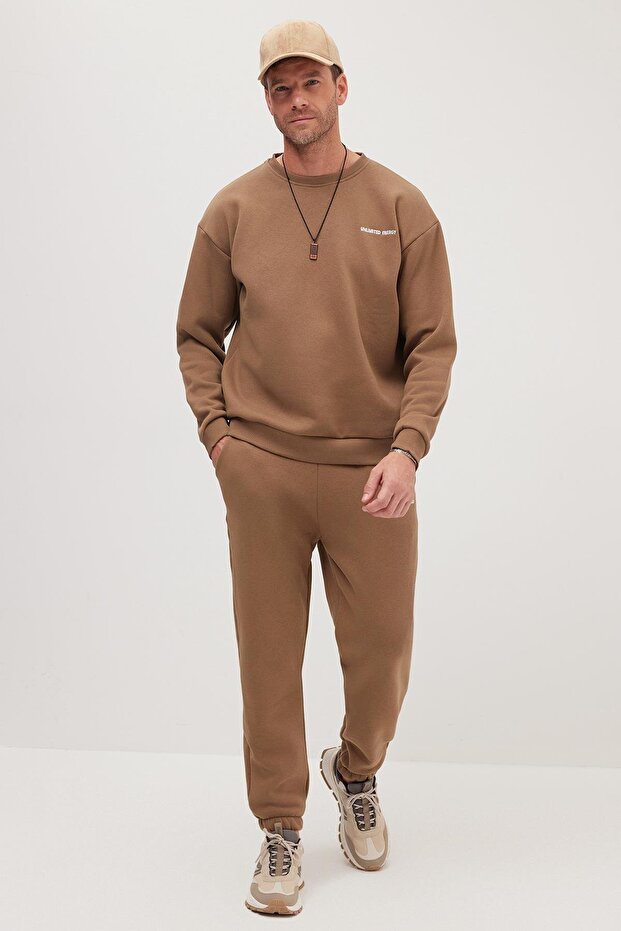 Men's Relax Fit Cotton 3 Thread Soft Textured Inside Fleece Crew Neck Brown Tracksuit Set