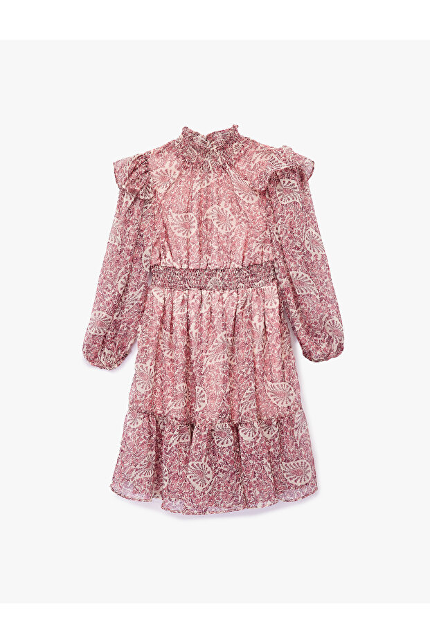 Long Sleeve Stand Collar Ruffle Detail Patterned Chiffon Dress