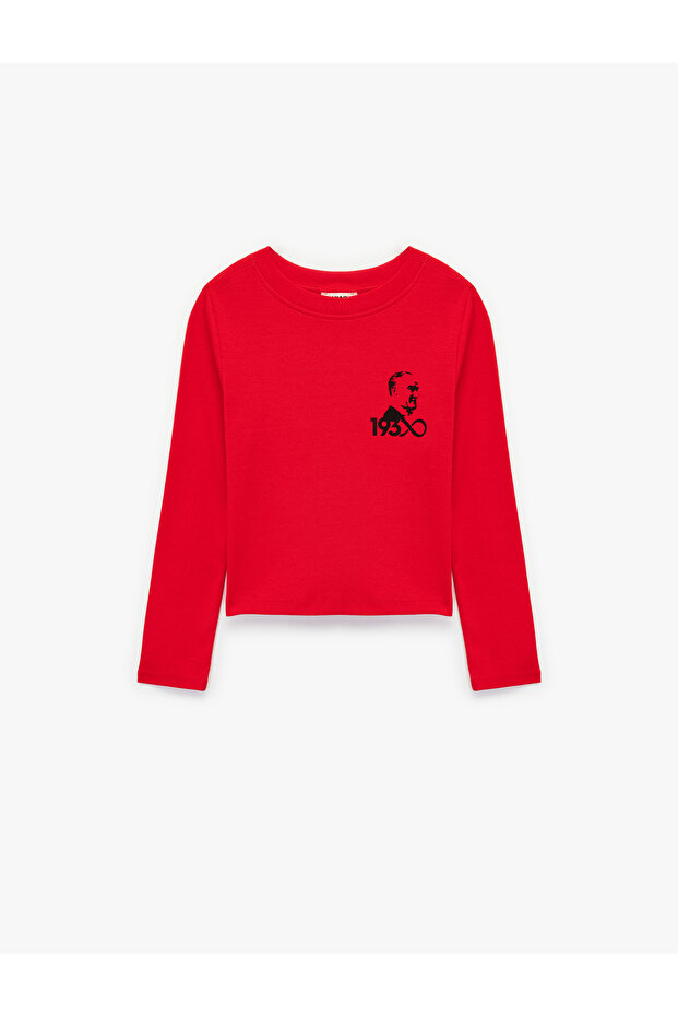 Crew Neck Long Sleeve Cotton Atatürk Printed T-Shirt