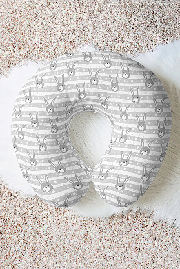 Cute Rabbit Pattern Cotton Neck Pillow - Striped Gray White Kids & Adult Travel Pillow