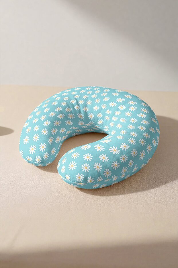 Daisy Pattern Ergonomic Neck Pillow - Blue Soft Travel Pillow with Colorful Floral Motifs