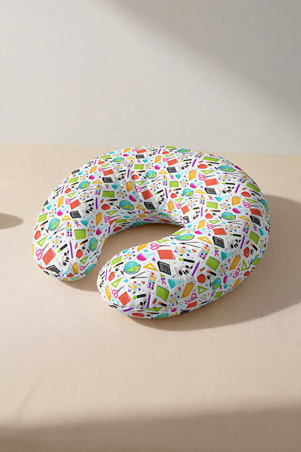 School Themed Cotton Neck Pillow - Colorful Educational Design White Kids & Adults Travel Pillow