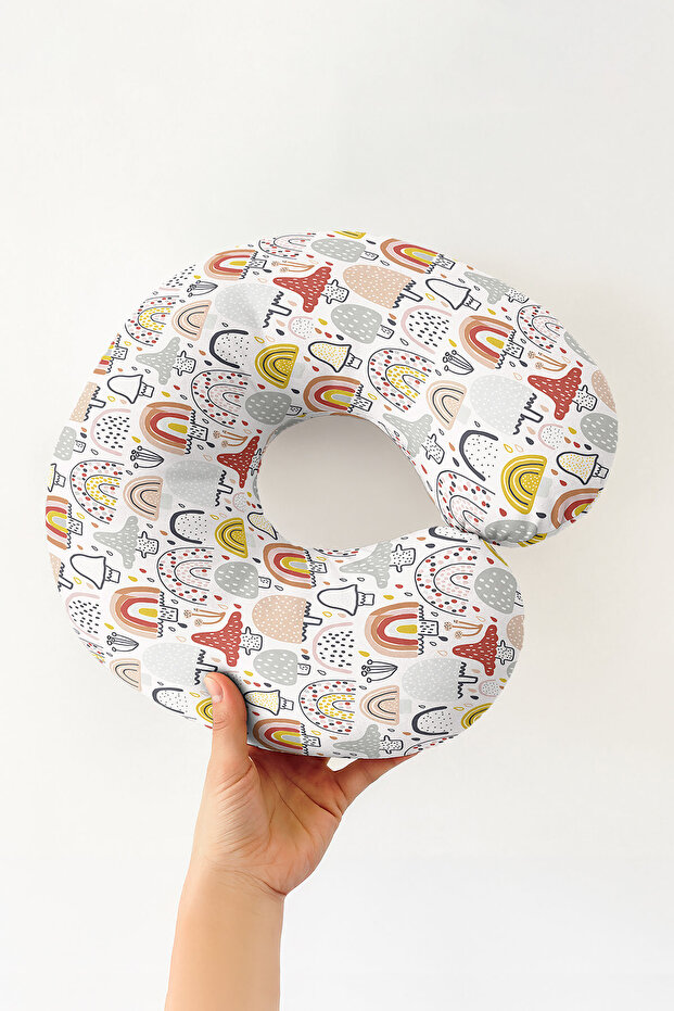 Rainbow Mushroom Pattern Cotton Neck Pillow - Pastel Gray Yellow Kids & Adult Travel Pillow
