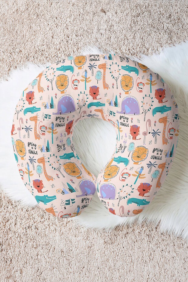 Cute Safari Animals Pattern Neck Pillow-Pastel Pink Turquoise Kids & Adults Travel Pillow