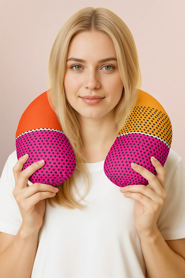 Pop Art Colorful Ergonomic Neck Pillow - Modern Dotted Orange Pink Travel Pillow
