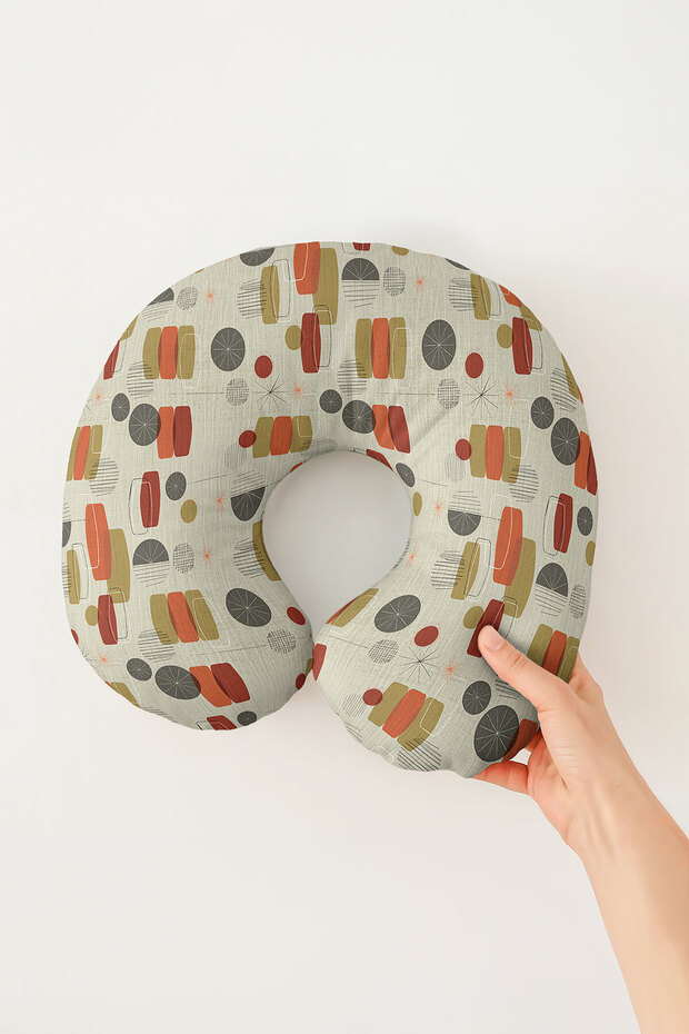 Retro Geometric Pattern Cotton Neck Pillow - Modern Style Beige Orange Gray Travel Pillow