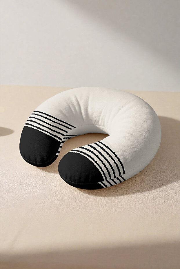 Black and White Wavy Striped Neck Pillow - Modern Minimalist Cotton Travel Pillow