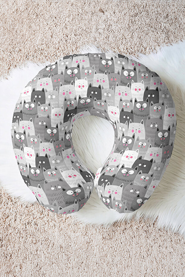 Cat Patterned Cotton Neck Pillow - Cute Grey White Pink Kids & Adult Travel Pillow