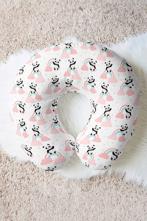 Panda Rainbow Pattern Ergonomic Neck Pillow - Cute Pastel Pink Blue Travel Pillow