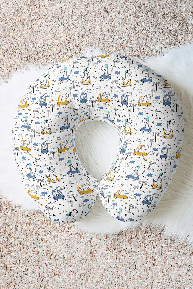 Cute Dinosaur Patterned Cotton Neck Pillow - Fun Yellow Navy Blue Colored Travel Pillow