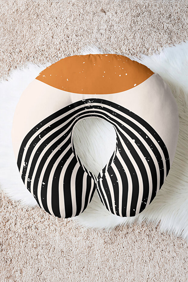 Modern Geometric Striped Neck Pillow - Retro Style Cream Black Tan Travel Pillow