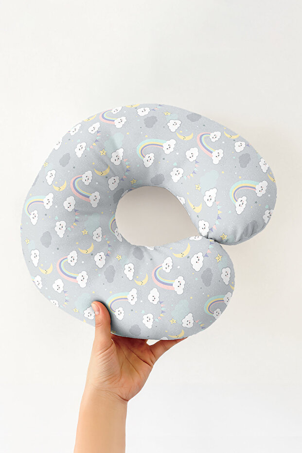 Cute Rainbow Cloud Pattern Neck Pillow - Pastel Gray Yellow Kids & Adult Travel Pillow