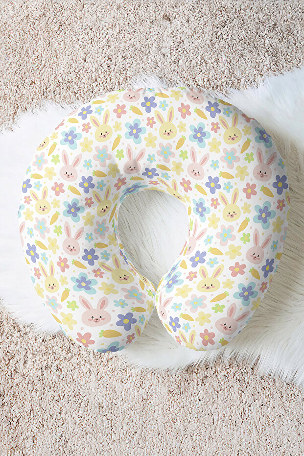 Cute Rabbit Floral Cotton Neck Pillow - Pastel Yellow Pink Soft Travel Pillow