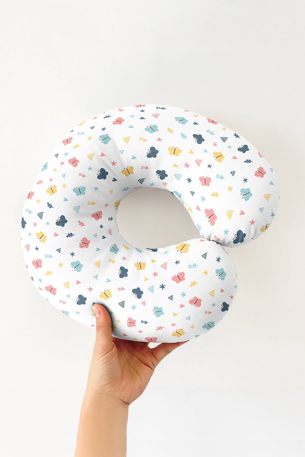 Colorful Butterflies Cotton Neck Pillow - Pastel Motif Yellow Pink Blue Adult Travel Pillow