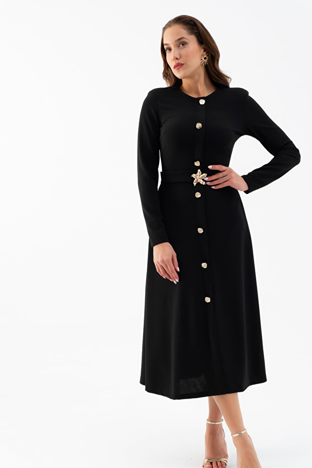 Kadın Siyah Uzun Kol Gold Düğmeli Midi Elbise - 4