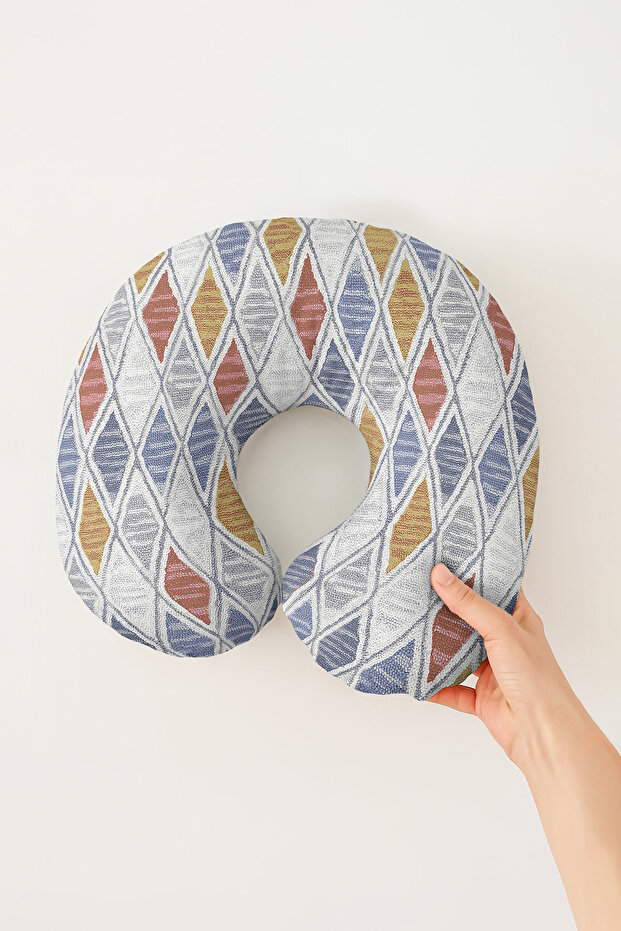 Ethnic Patterned Cotton Neck Pillow - Geometric Motif Blue Yellow Travel Pillow