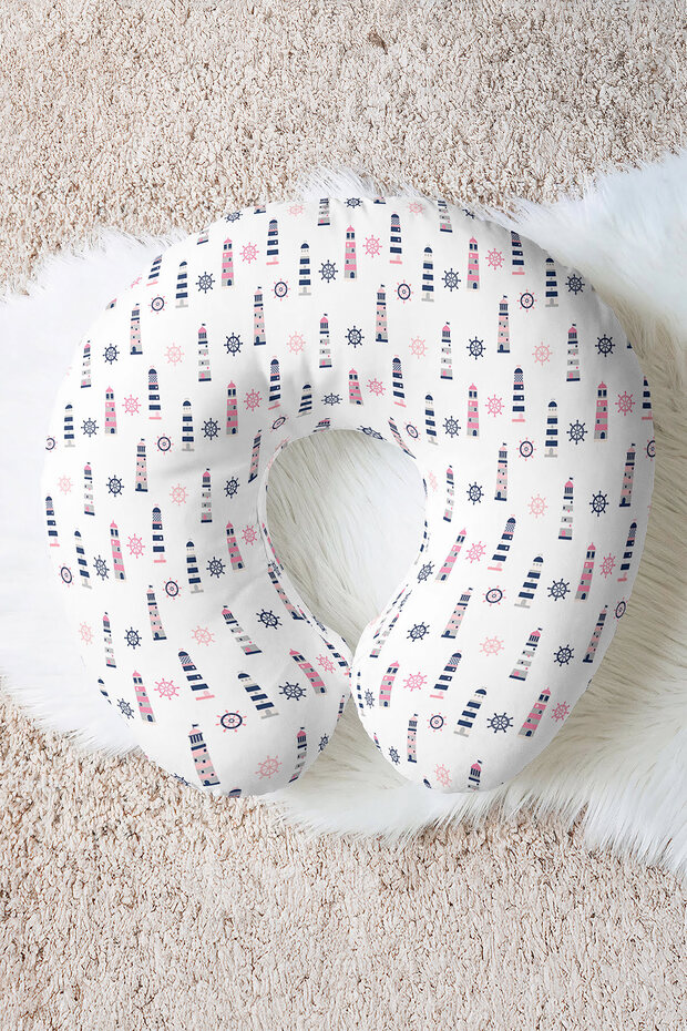 Lighthouse Pattern Cotton Neck Pillow - Marine Theme Blue Pink Adult Travel Pillow