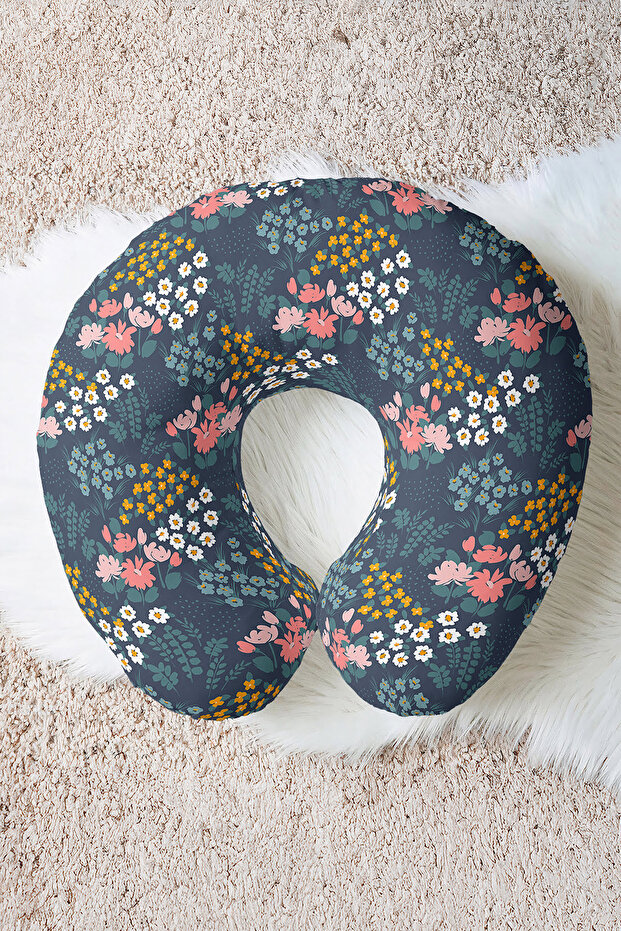 Floral Patterned Cotton Neck Pillow - Navy Blue Travel Pillow with Colorful Spring Motifs