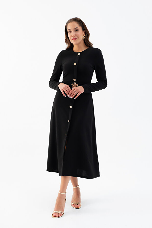 Kadın Siyah Uzun Kol Gold Düğmeli Midi Elbise - 3